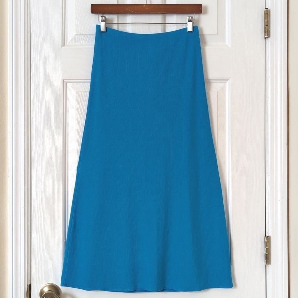 Aerie Beachwalk Ribbed Knit High Waisted Ruched Side Slit Midi Skirt Blue Small - Picture 9 of 11